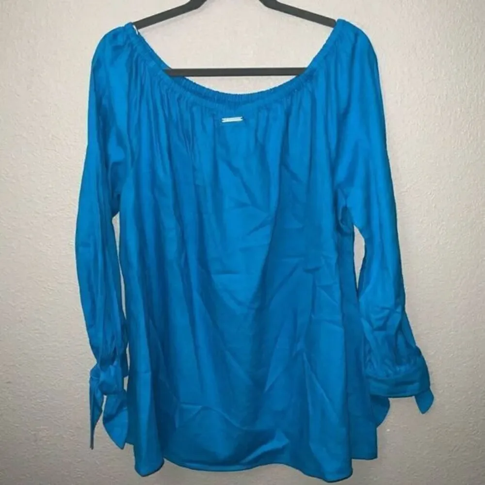 Michael Kors Blue Off Shoulder Tie Sleeve Blouse Boho Peasant Top size M